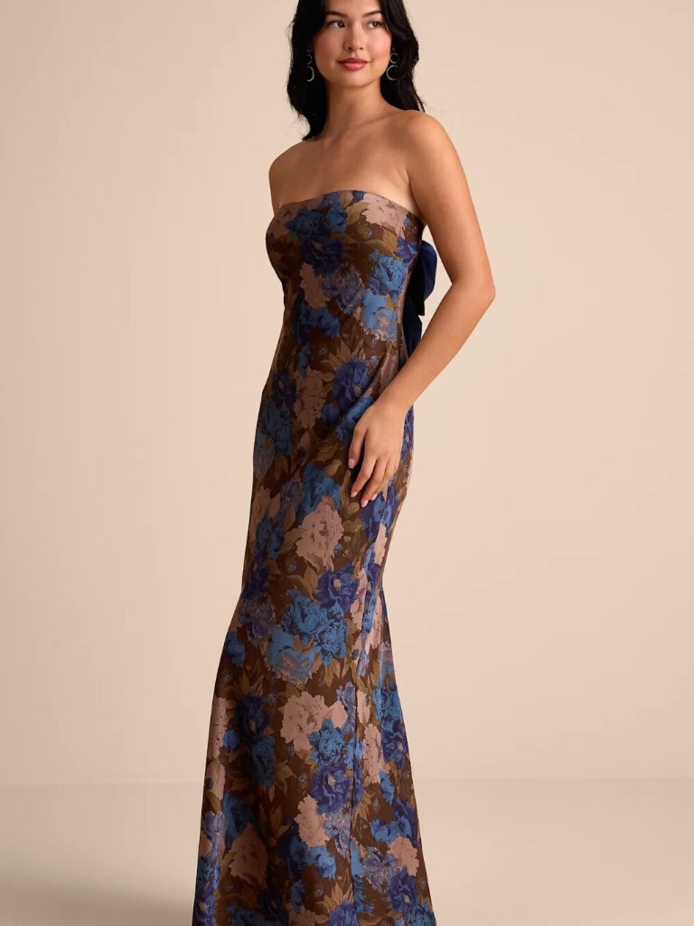 NWT Artemisia Brown Multi Floral Strapless Bow Maxi Dress - Picture 9 of 9